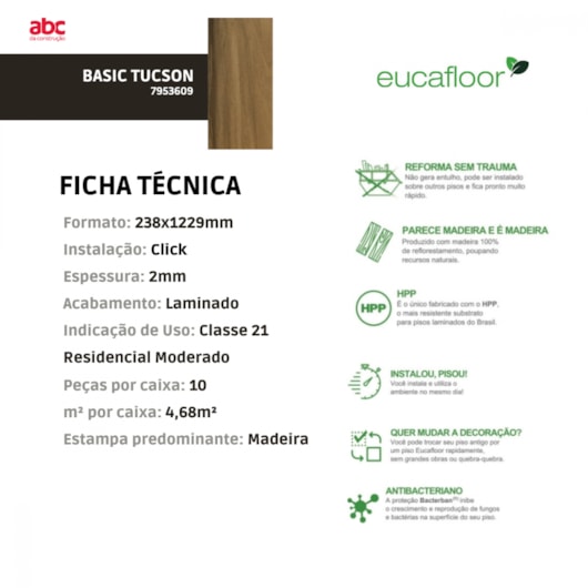 Piso Vinílico Eucafloor Basic Tucson 238x1229mm - Imagem principal - e3b3f110-2505-42eb-968b-bb71d372c2c8