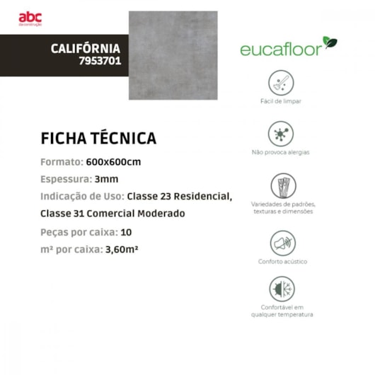 Piso Vinílico Eucafloor Working California 3mm 60x60cm - Imagem principal - eaf91be5-10a6-4292-9b80-b0b6d0cdc478