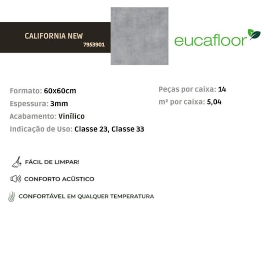 Piso Vinílico Eucafloor Working+ California New 60x60cm - Imagem principal - 22e58e49-9b99-4cd4-a1b2-a2eb3c54ed3f