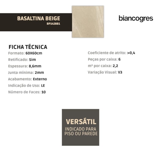 Porcelanato Biancogres Basaltina Beige Externo 60x60cm Retificado - Imagem principal - 9baa6268-d989-4657-a83e-a5bcb439a926