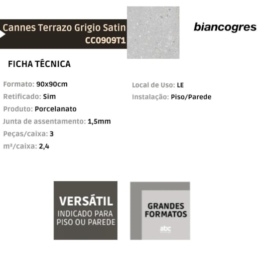Porcelanato Biancogres Cannes Terrazzo Grigio Satin 90x90cm Retificado - Imagem principal - 5f57f60c-57bf-4cb5-b033-52912080b43b