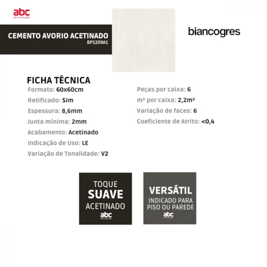 Porcelanato Biancogres Cemento Avorio Acetinado 60x60cm Retificado  - Imagem principal - 0657c9cf-a63b-474a-b00e-b017b167642a