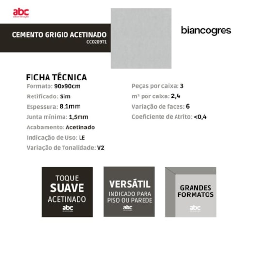 Porcelanato Biancogres Cemento Grigio Acetinado 90x90cm Retificado  - Imagem principal - 0e3fccfc-ae76-472e-b3f5-5ee73cf11642