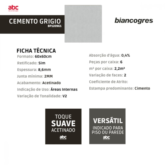 Porcelanato Biancogres Cemento Grigio Cinza Acetinado 60x60cm Retificado  - Imagem principal - 0347bea0-b4c3-45c4-a6ad-1e32856d5198