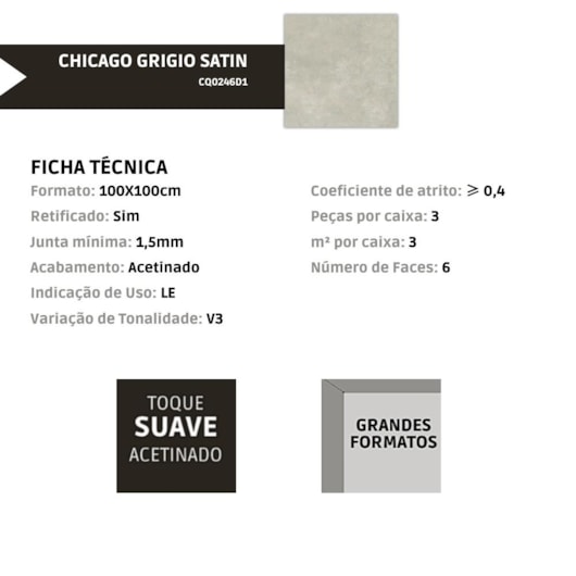 Porcelanato Biancogres Chicago Grigio Satin 100x100cm Retificado - Imagem principal - 6ad6ec44-cb57-4e90-abdb-0fbc1ad62a0f