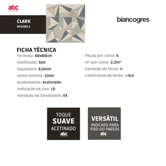 Porcelanato Biancogres Clark 60x60cm Retificado - Imagem principal - d713b146-2fe7-4411-86ed-3af7168a6f83