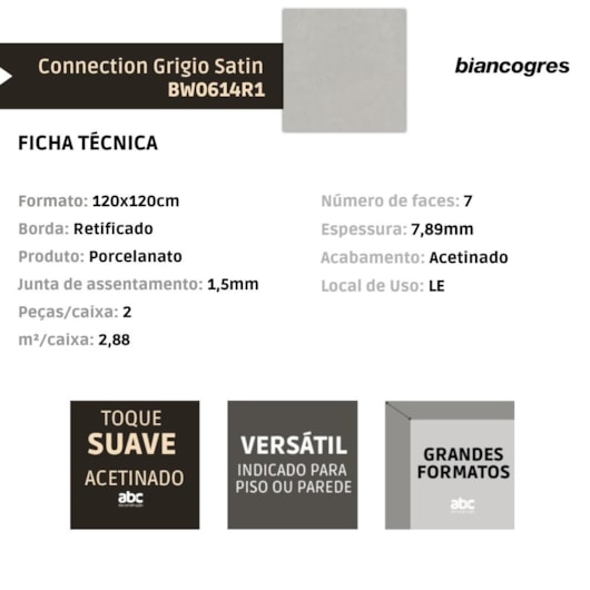 Porcelanato Biancogres Connection Grigio Satin Acetinado 120x120cm Retificado - Imagem principal - 7fce068b-ccfa-412e-b4fe-0ca6c8c0c4f1