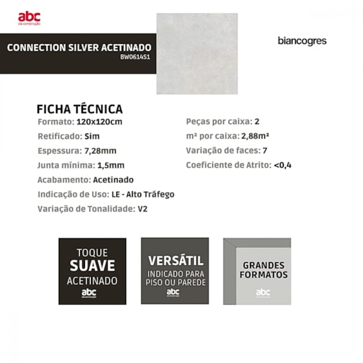 Porcelanato Biancogres Connection Silver Acetinado Cinza 120x120cm Retificado  - Imagem principal - bdf92a09-068f-44e2-8f00-316ff10aee3c