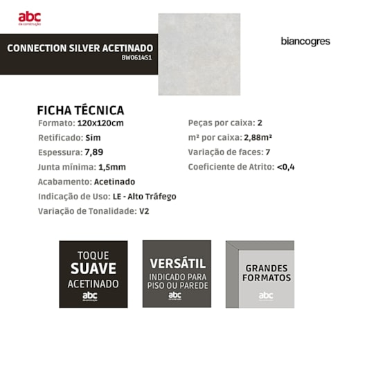 Porcelanato Biancogres Connection Silver Cinza  Acetinado 120x120cm Retificado - Imagem principal - 320287b4-2169-4df8-aefc-e00fb156e100