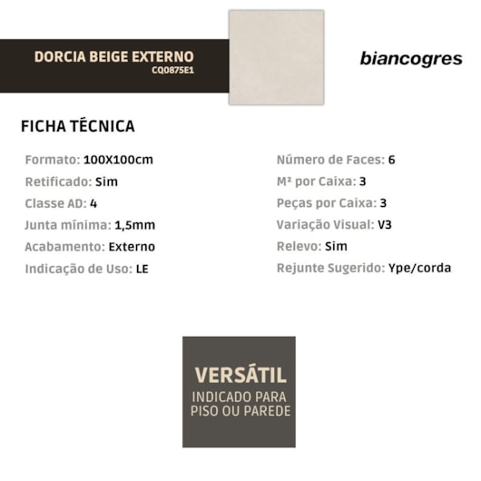 Porcelanato Biancogres Dorcia Beige Externo 100x100cm Retificado - Imagem principal - 82f391a1-5b3b-40b8-837a-6a98ee9cbc50