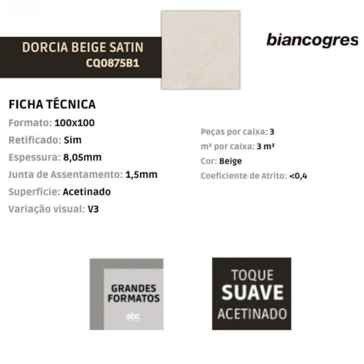 Porcelanato Biancogres Dorcia Beige Satin Acetinado 100x100cm Retificado - Imagem principal - ae1659f9-78e5-4300-8c7d-84775cd98b38