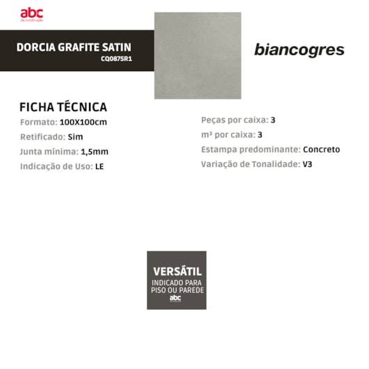 Porcelanato Biancogres Dorcia Grafite Satin 100x100cm Retificado - Imagem principal - 27f35c63-72bd-468e-9e5d-6bcfdefdd1fd