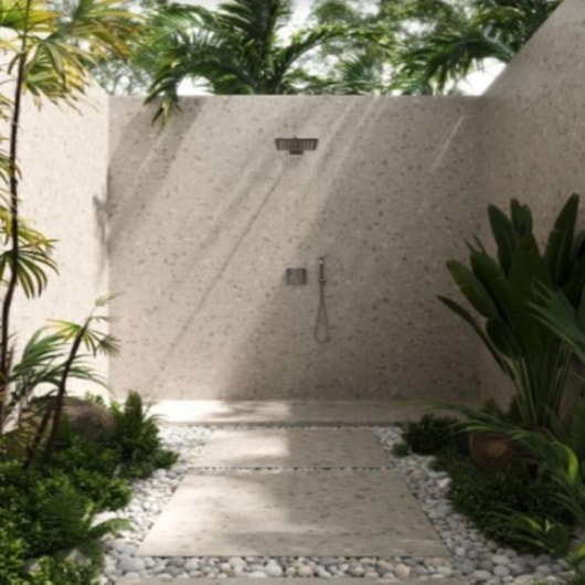 Porcelanato Biancogres Dorcia Terrazzo Beige Externo 100x100cm Retificado - Imagem principal - 841073b5-24d1-4e08-85ff-94b816da8749