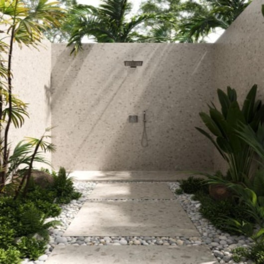 Porcelanato Biancogres Dorcia Terrazzo Beige Satin 100x100cm Retificado - Imagem principal - 9e7c25b0-448f-47e4-ba74-9deda4d2e445