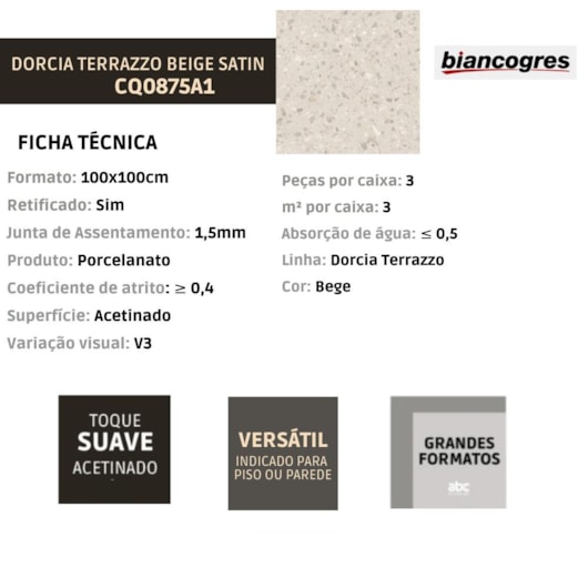Porcelanato Biancogres Dorcia Terrazzo Beige Satin 100x100cm Retificado - Imagem principal - 9cbe8cea-6a20-4a7a-98b4-01b8cbc750a1