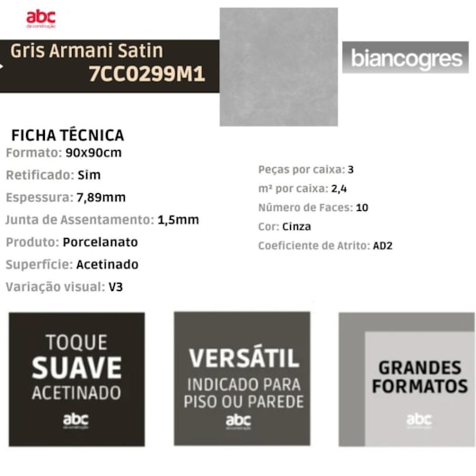 Porcelanato Biancogres Gris Armani Satin Retificado 90x90cm - Imagem principal - f6007b7c-2617-4674-8ffb-9acc7f7653a3