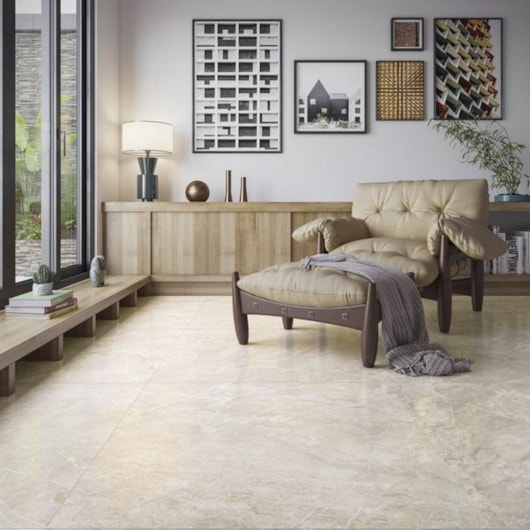 Porcelanato Biancogres Illuminato Beige Satin Acetinado Mármore 90x90cm Retificado  - Imagem principal - 45816af5-0df9-4744-ac59-b97023416b7a