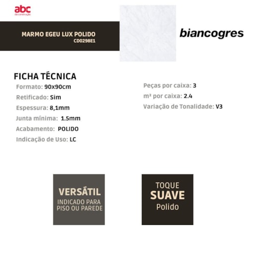 Porcelanato Biancogres Marmo Egeu Lux Polido 90x90cm Retificado - Imagem principal - 448e9615-2b1d-4ce0-aee2-346fbc0262a1