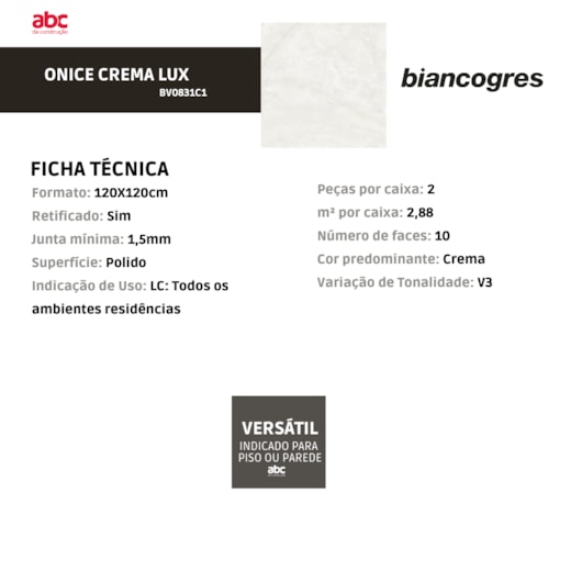 Porcelanato Biancogres Onice Crema Lux Polido Retificado 120x120cm - Imagem principal - 197c5eff-111a-485b-8d7f-90511c020f13