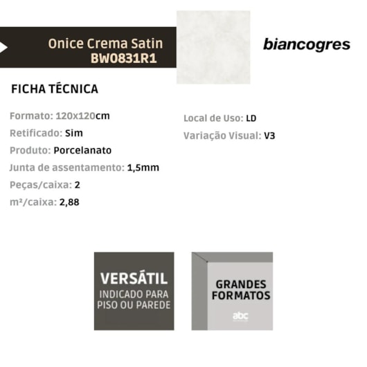 Porcelanato Biancogres Onice Crema Satin Acetinado 120x120cm Retificado - Imagem principal - f1cc6963-e25d-4fc4-b9aa-94ebd4f0bffd