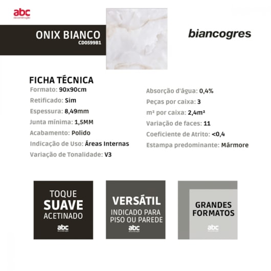 Porcelanato Biancogres Onix Bianco Polido 90x90cm Retificado  - Imagem principal - 24527b78-6db3-48d6-889e-bcb4baa49744