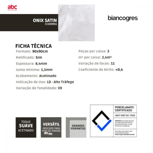 Porcelanato Biancogres Onix Bianco Satin Acetinado 90x90cm Retificado  - Imagem principal - 0aef92fd-6aab-4839-b09f-b7087ba1c6ea