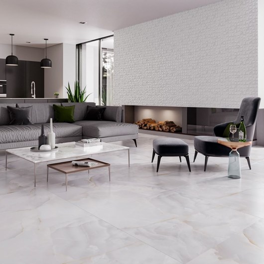 Porcelanato Biancogres Onix Bianco Satin Acetinado Bege 90x90cm Retificado  - Imagem principal - 4e378378-d4df-4293-8a97-57fe4e98b38b