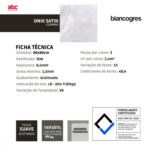 Porcelanato Biancogres Onix Bianco Satin Acetinado Bege 90x90cm Retificado  - Imagem principal - 9404f80b-ae1d-4f46-9327-e2c7c0584463