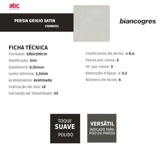 Porcelanato Biancogres Persia Grigio Satin Acetinado 100x100cm Retificado - Imagem principal - 9046bbed-b918-46f6-934e-896497fbc067