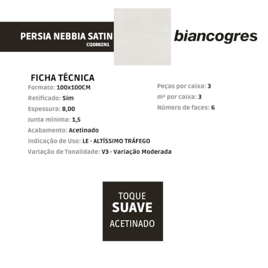 Porcelanato Biancogres Persia Nebbia Satin 100x100cm Retificado - Imagem principal - 722516fe-cac5-4a9b-9d43-0fd1b3b006df