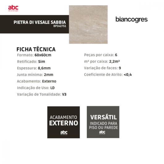 Porcelanato Biancogres Pietra Di Vesale Sabbia Externo 60x60cm Mármore Retificado  - Imagem principal - 59305686-dfe5-43b8-85e3-354b4a2649e1