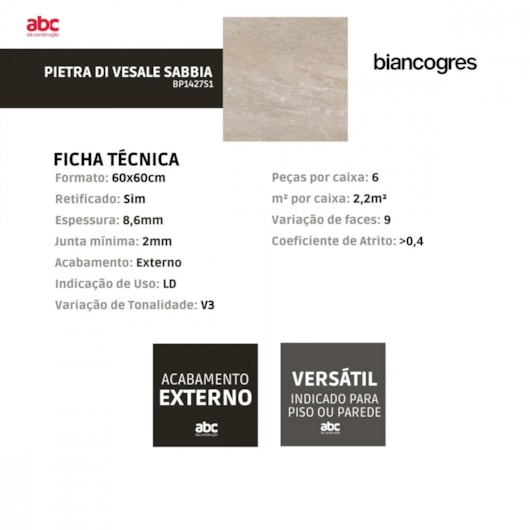 Porcelanato Biancogres Pietra Di Vesale Sabbia Externo 60x60cm Retificado - Imagem principal - 629b4ea3-0616-4f7b-98bc-68983fbff47d