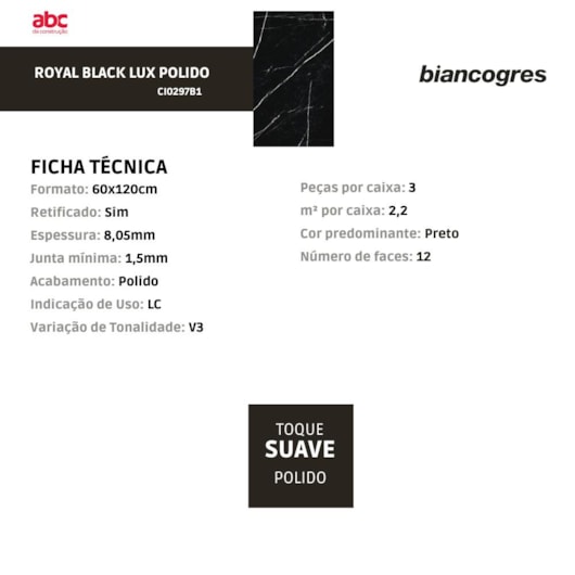 Porcelanato Biancogres Royal Black Lux Polido 60x120cm Retificado - Imagem principal - c4499ed0-d601-490f-be9d-fdad5b0fdf12