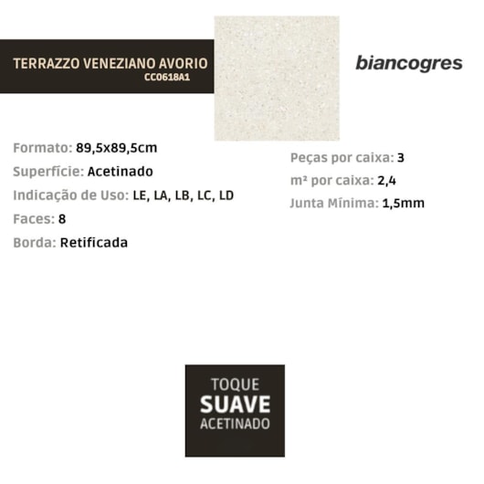 Porcelanato Biancogres Terrazzo Veneziano Avorio Acetinado 90x90cm Retificado - Imagem principal - 1cb03f69-cb43-4531-a8e1-a0be19073e77