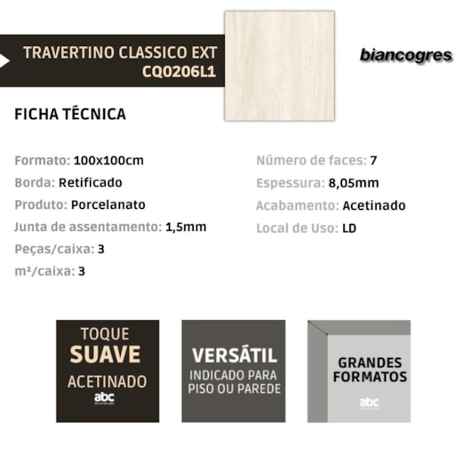 Porcelanato Biancogres Travertino Clássico Externo 100x100cm Retificado - Imagem principal - b4809e9a-bbd1-40bc-b2ac-396e0ef6646c