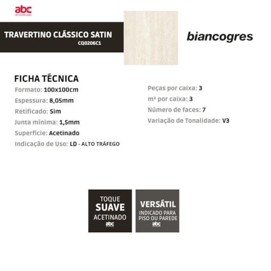 Porcelanato Biancogres Travertino Clássico Satin 100x100cm Retificado - Imagem principal - ac1df9c1-485e-4c6f-9da9-333ebd1a3c6f