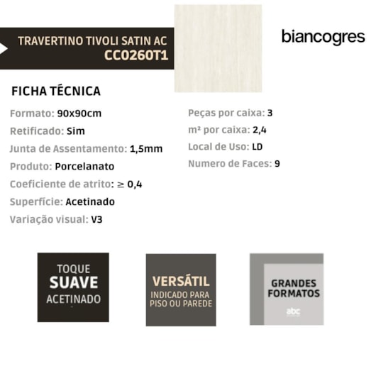 Porcelanato Biancogres Travertino Tivoli Satin Acetinado 90x90cm Retificado - Imagem principal - 6e680683-2eb6-405a-8a33-c028cfaba40e