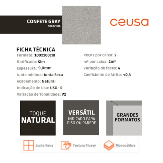 Porcelanato Ceusa Confete Gray Natural Cinza 100x100cm Retificado - Imagem principal - 3c439332-f7d5-487b-a9c9-c0fd92bfcc36