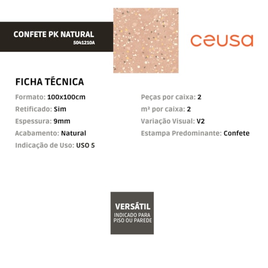 Porcelanato Ceusa Confete Pk Natural 100x100cm Retificado - Imagem principal - 681b9f2d-8fa3-42ef-8b13-f149b6d2a8fa