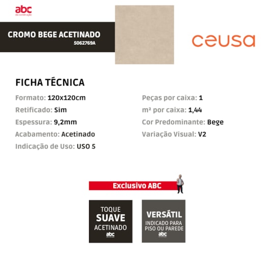 Porcelanato Ceusa Cromo Bege Acetinado 120x120cm Retificado  - Imagem principal - b7e8f0b1-4e09-4390-b792-29a7b96236fd