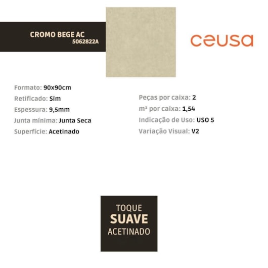 Porcelanato Ceusa Cromo Bege Acetinado 90x90cm Retificado - Imagem principal - 4d850920-fb68-41d5-9d8b-3aa779888a65