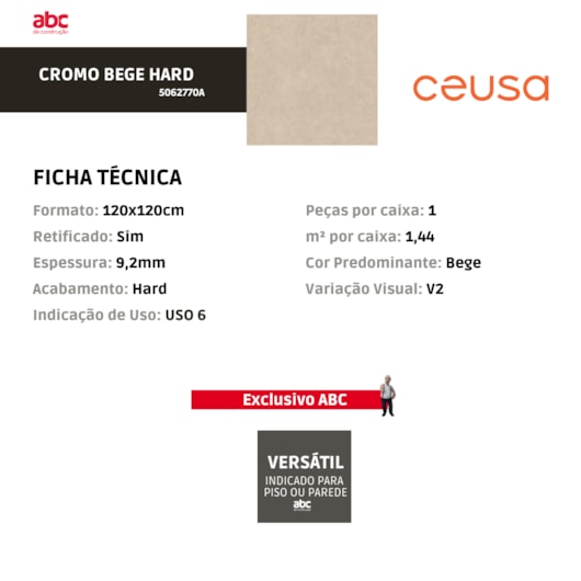 Porcelanato Ceusa Cromo Bege Hard 120x120cm Retificado - Imagem principal - 311ec776-fafe-4d07-86e4-e3fcd69eed76