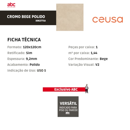 Porcelanato Ceusa Cromo Bege Polido 120x120cm Retificado  - Imagem principal - f9a16cba-be56-4390-b6a6-c6bfb7c795db