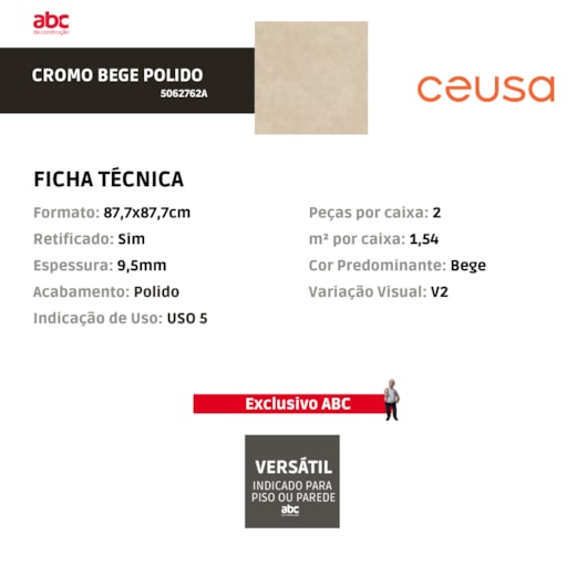 Porcelanato Ceusa Cromo Bege Polido 87,7x87,7cm Retificado  - Imagem principal - f4e312c1-ad69-49b5-9e41-21bcb14713a0