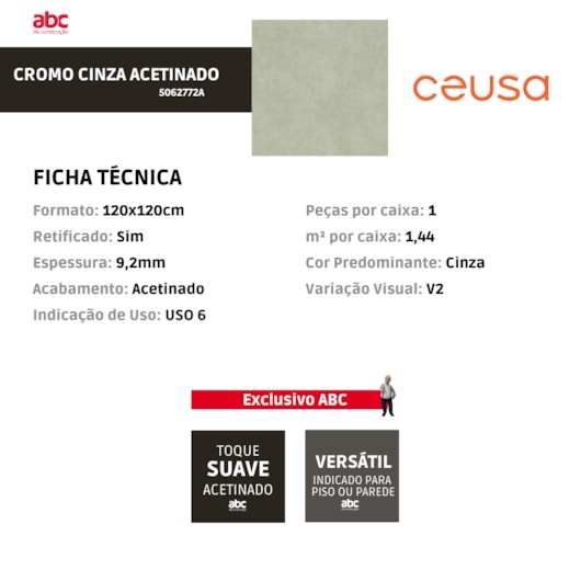 Porcelanato Ceusa Cromo Cinza Acetinado 120x120cm Retificado - Imagem principal - 65c2b82c-a9a8-4db0-b7ac-ad0bf4f9a204