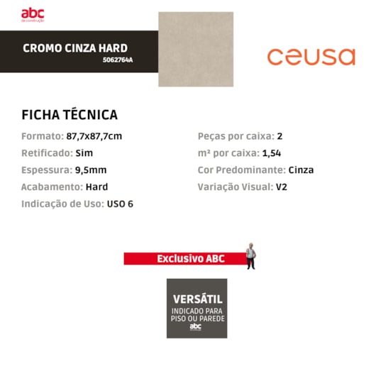 Porcelanato Ceusa Cromo Cinza Hard 87,7x87,7cm Retificado  - Imagem principal - f8e095f1-58f3-4eca-8e9a-34d291a3a8d8