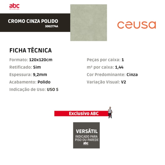 Porcelanato Ceusa Cromo Cinza Polido 120x120cm Retificado - Imagem principal - f46c3c23-fe4f-496f-a3d2-90499abca6c3