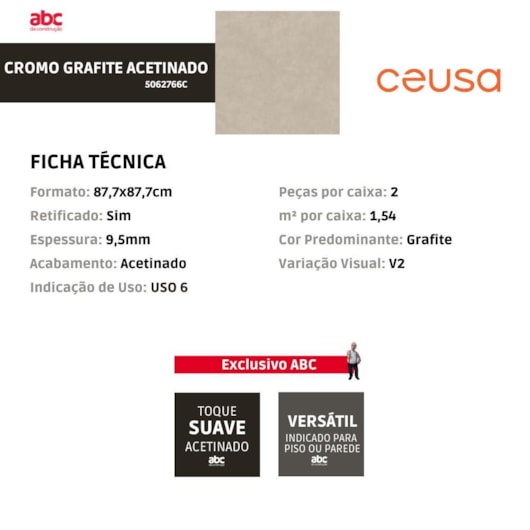 Porcelanato Ceusa Cromo Grafite Acetinado 90x90cm Retificado - Imagem principal - 10636468-6d4b-4dd1-a053-8b0a23874c72