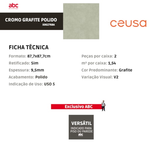 Porcelanato Ceusa Cromo Grafite Polido 87,7x87,7cm Retificado - Imagem principal - cfc9b72a-71fe-4ab1-8440-0ed94b03d1e9