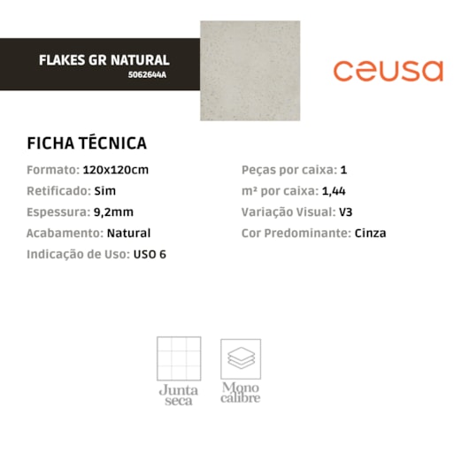 Porcelanato Ceusa Flakes GR Natural 120x120cm Retificado - Imagem principal - 2d90ef05-fc89-45c1-9395-74d837ae6f9c